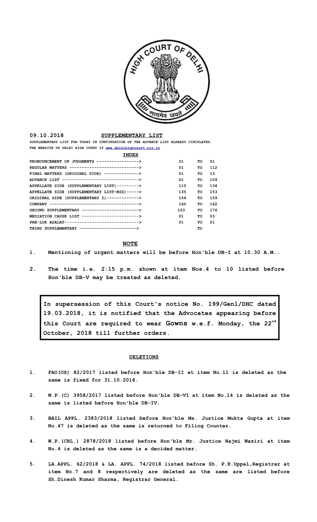 NOTE in Supersession of This Court's Notice No. 199/Genl/DHC Dated