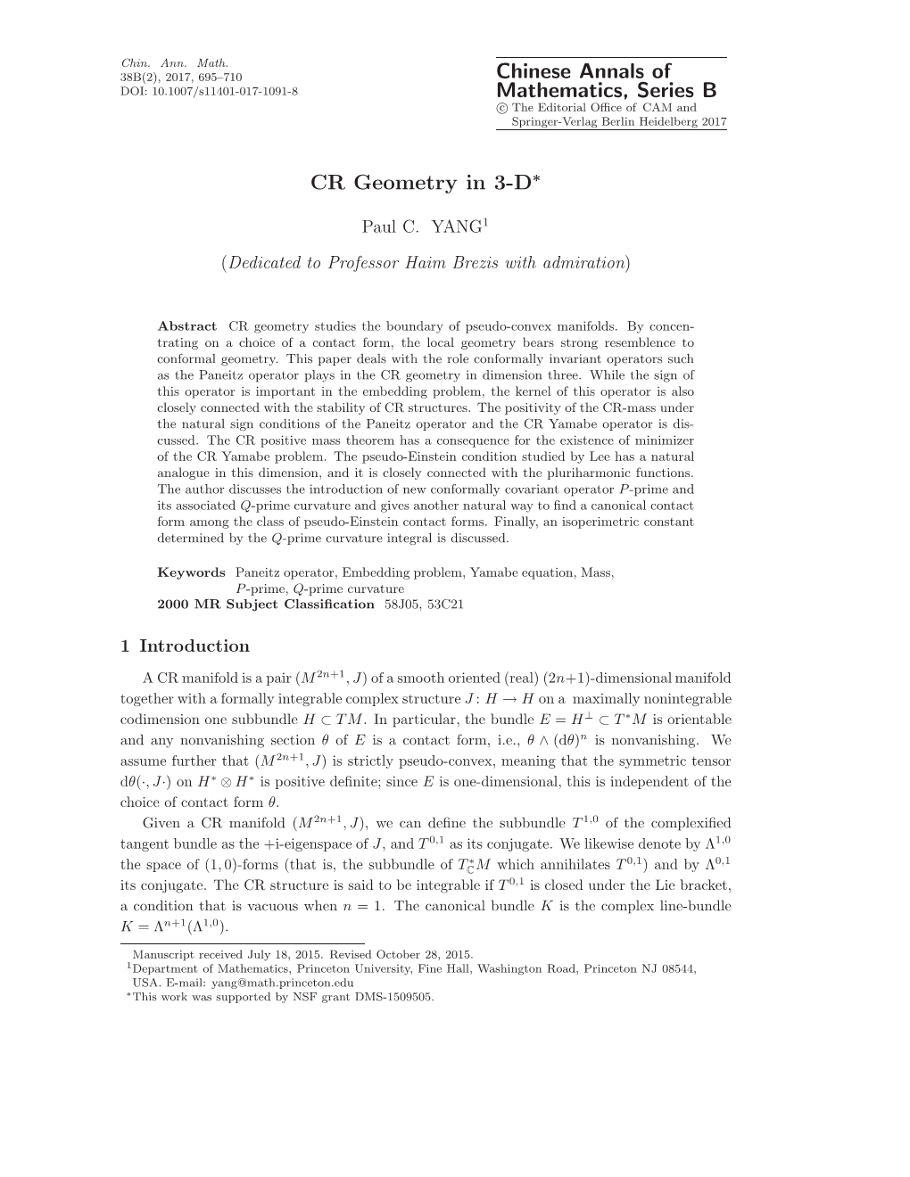 Chinese Annals of Mathematics, Series B CR Geometry In