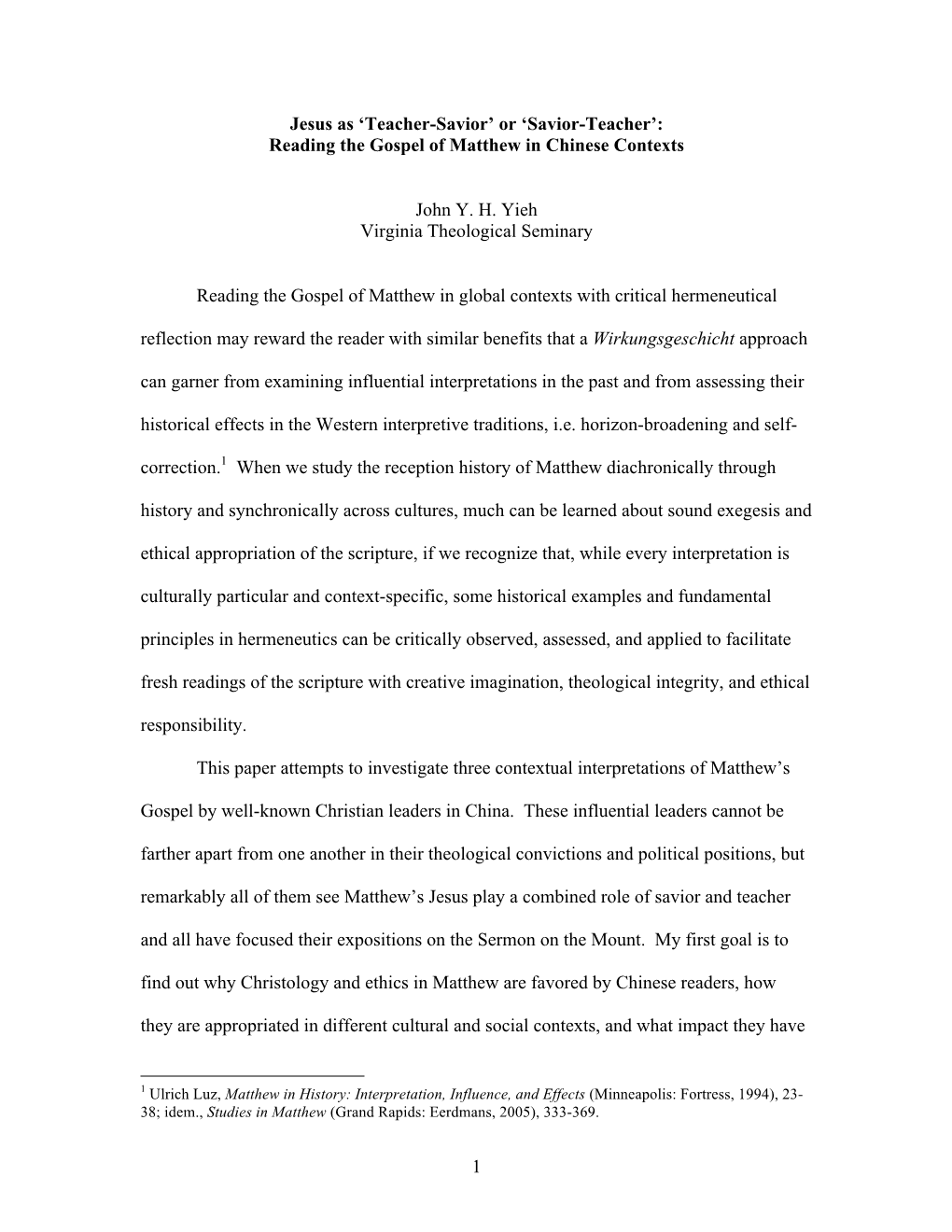 'Savior-Teacher': Reading the Gospel of Matthew in Chinese Contexts