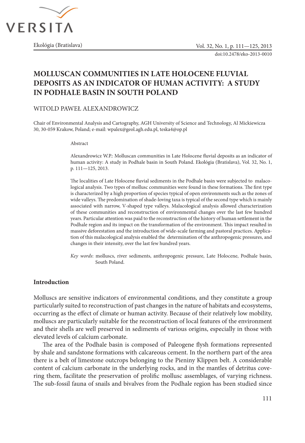 Molluscan Communities in Late Holocene Fluvial Deposits As an Indicator of Human Activity: a Study in Podhale Basin in South Poland