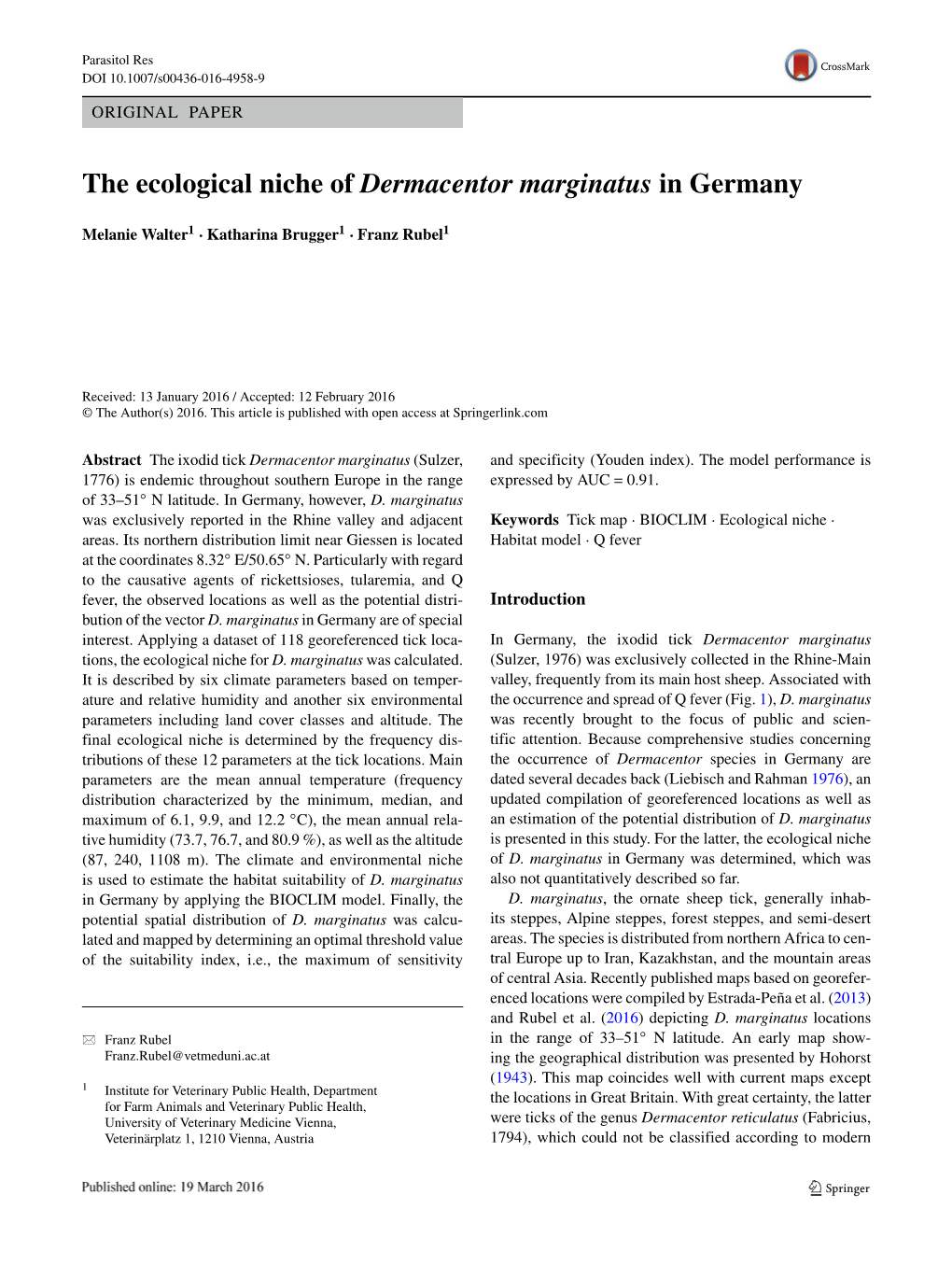 The Ecological Niche of Dermacentor Marginatus in Germany