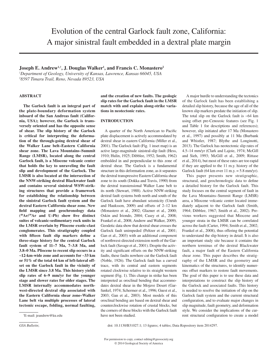 Evolution of the Central Garlock Fault Zone, California: a Major Sinistral Fault Embedded in a Dextral Plate Margin