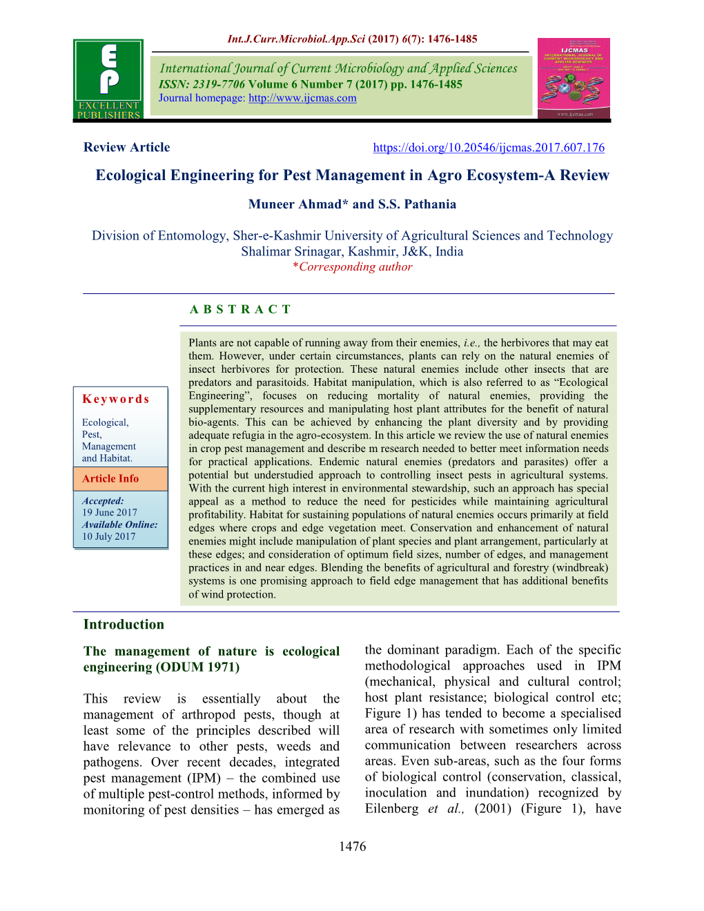 Ecological Engineering for Pest Management in Agro Ecosystem-A Review