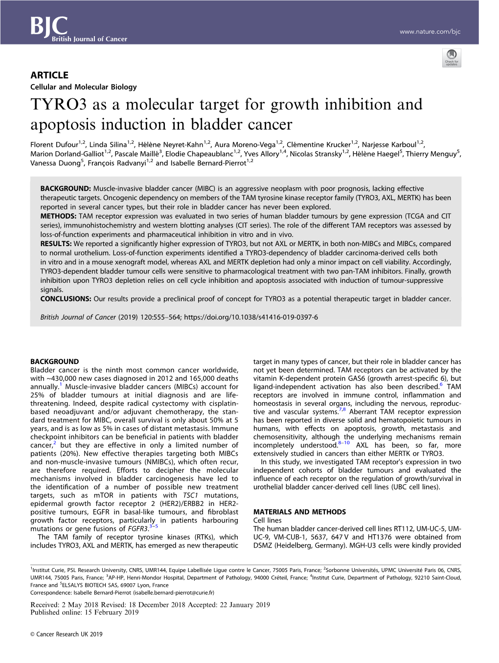 TYRO3 As a Molecular Target for Growth Inhibition and Apoptosis Induction in Bladder Cancer