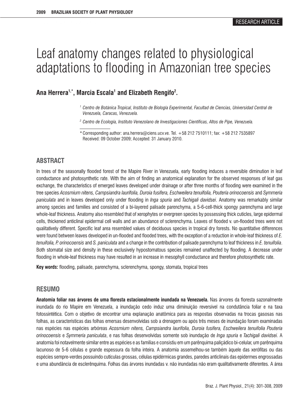 Leaf Anatomy Changes Related to Physiological Adaptations to Flooding in Amazonian Tree Species