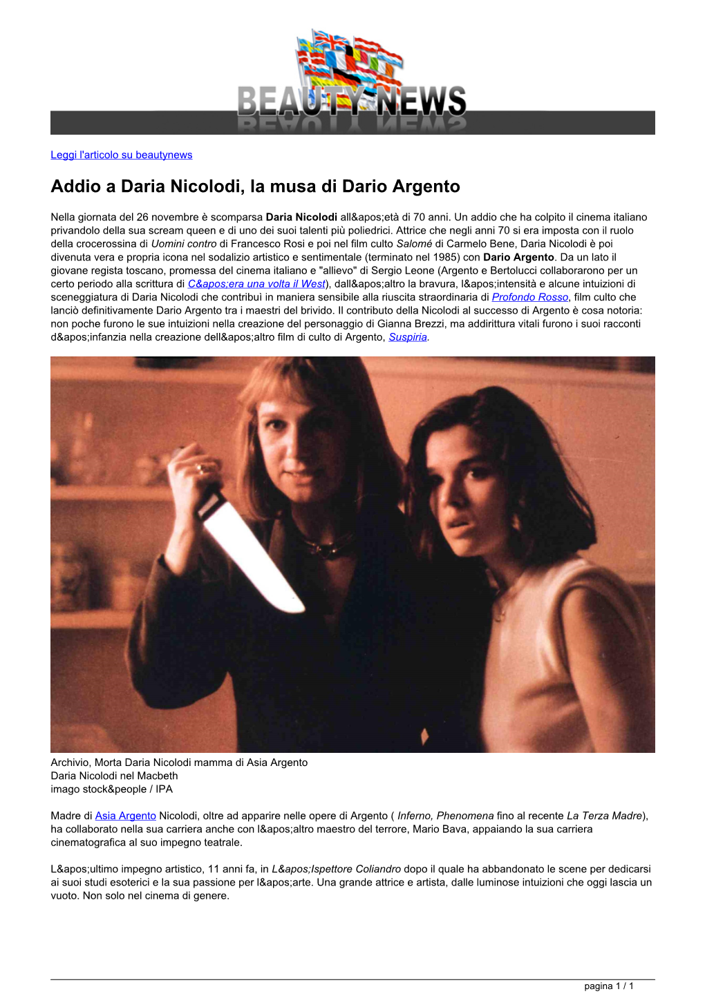 Addio a Daria Nicolodi, La Musa Di Dario Argento