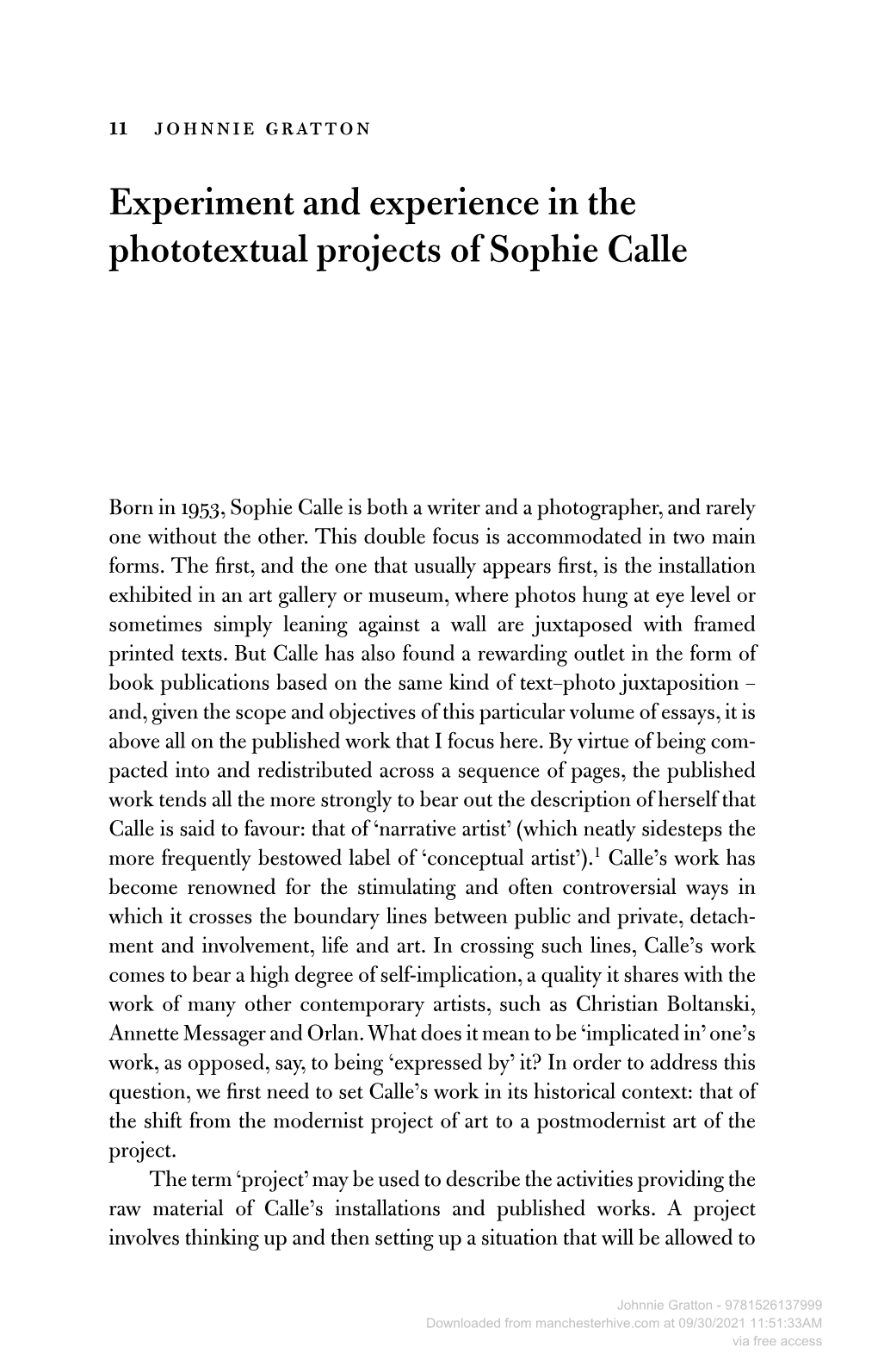 Experiment and Experience in the Phototextual Projects of Sophie Calle