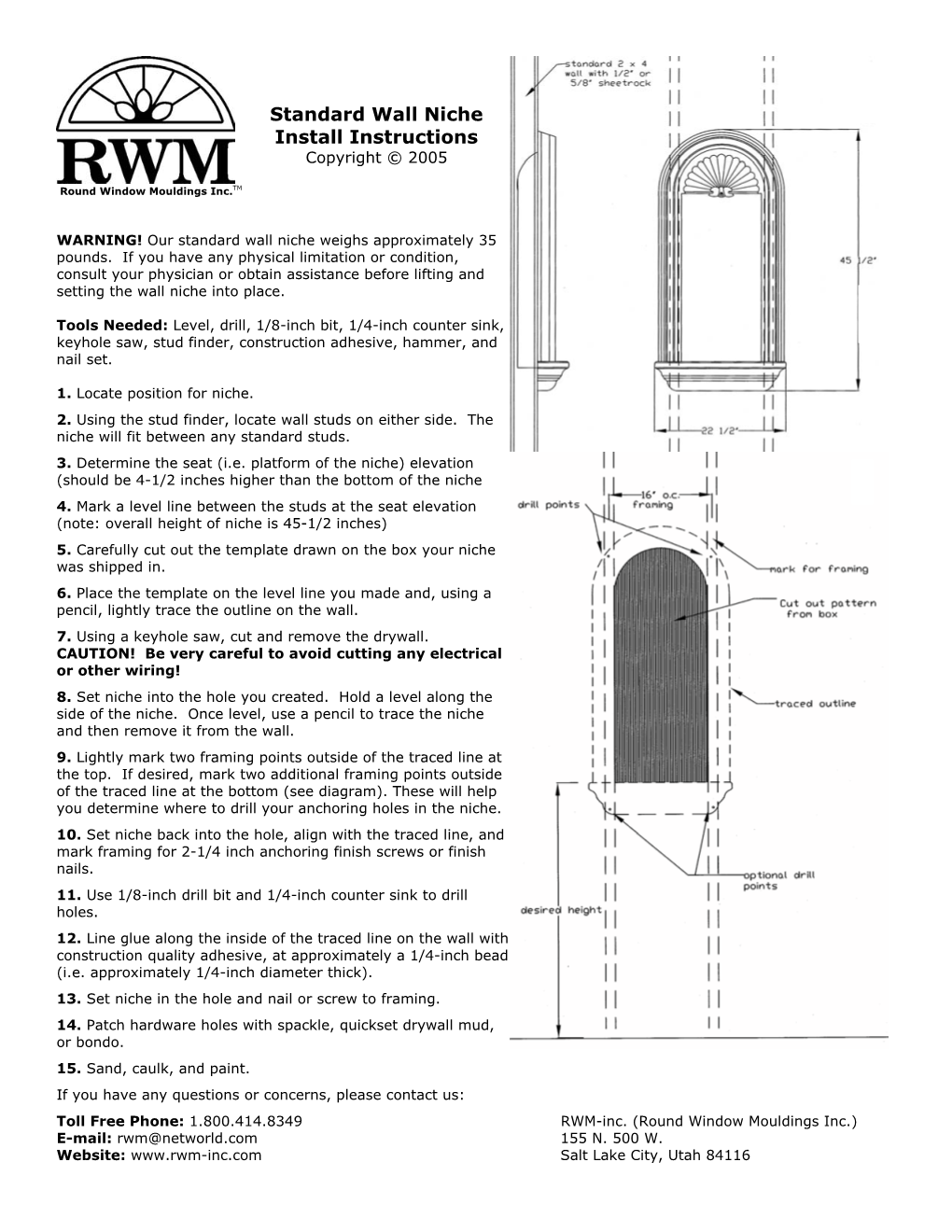 Standard Wall Niche Installation Instructions