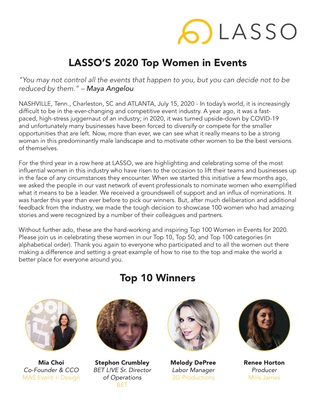 LASSO's 2020 Top Women in Events Top 10 Winners