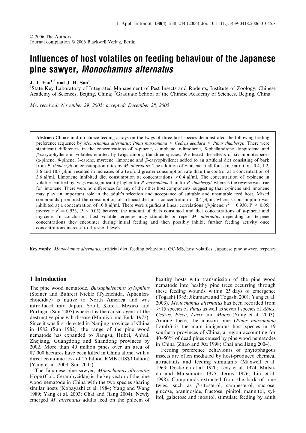 Influences of Host Volatiles on Feeding Behaviour of the Japanese Pine