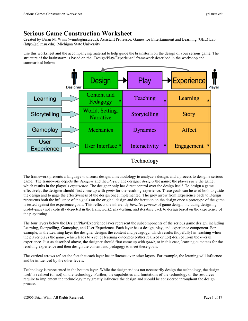 Serious Game Construction Worksheet Created by Brian M