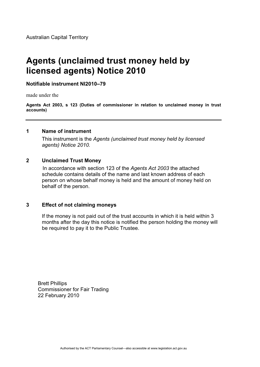 (Unclaimed Trust Money Held by Licensed Agents) Notice 2010