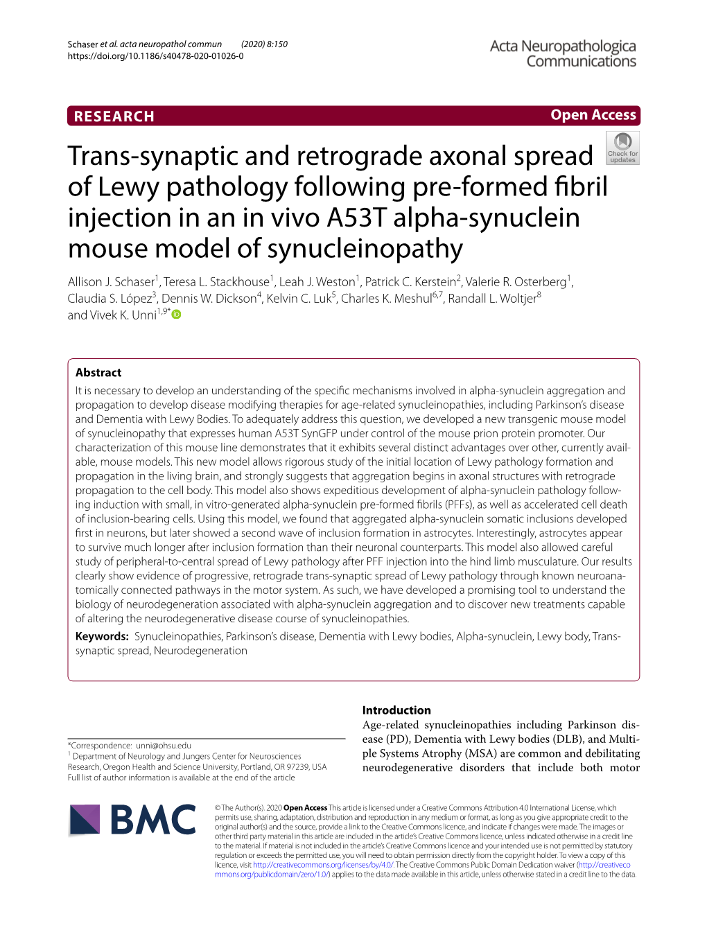 Trans-Synaptic and Retrograde Axonal Spread of Lewy Pathology Following