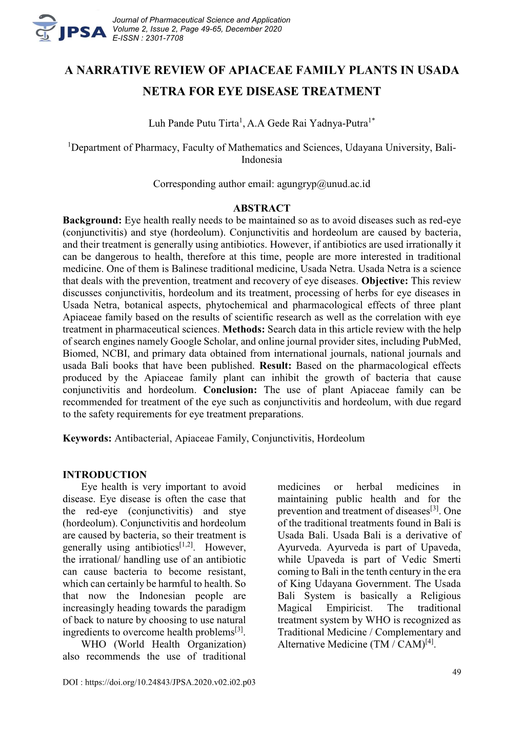 A Narrative Review of Apiaceae Family Plants in Usada Netra for Eye Disease Treatment