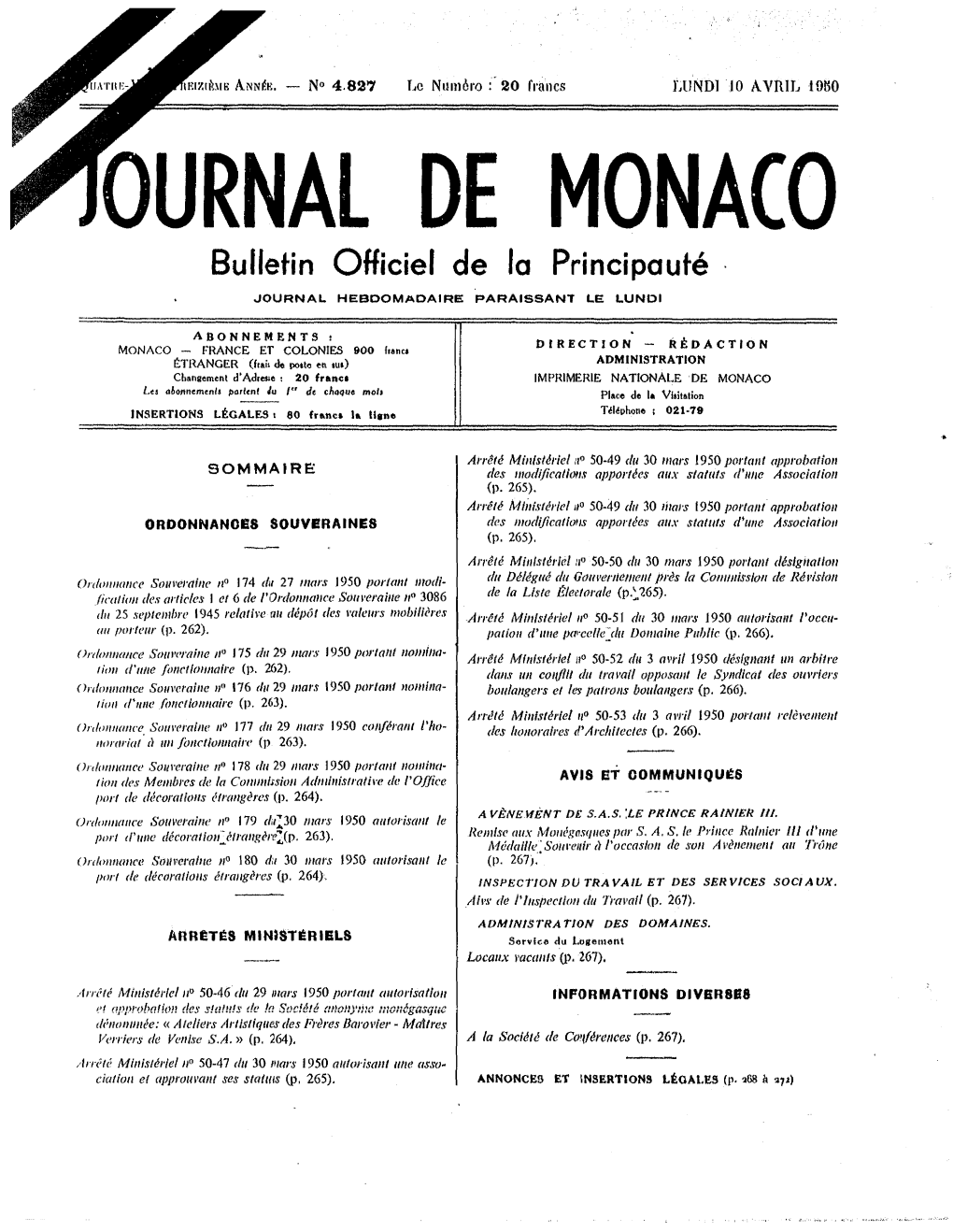 OURNAL DE MONACO Bulletin Officiel De La Principauté JOURNAL HEBDOMADAIRE PARAISSANT LE LUNDI