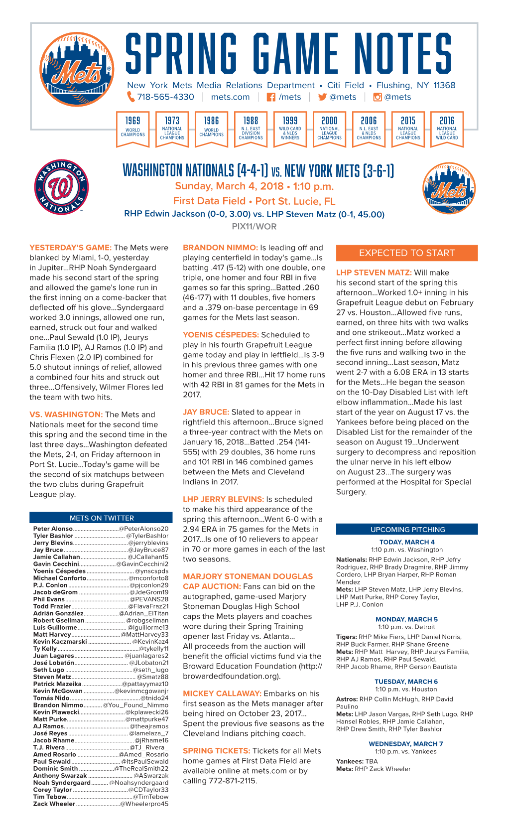 SPRING GAME NOTES New York Mets Media Relations Department • Citi Field • Flushing, NY 11368 718-565-4330 | Mets.Com | /Mets | @Mets | @Mets