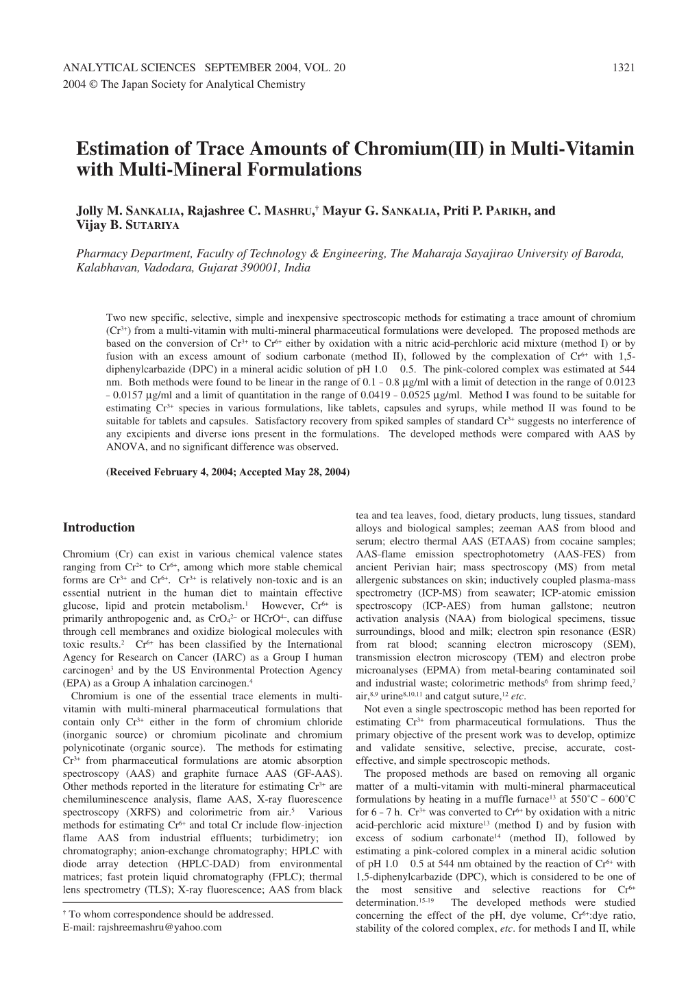 Estimation of Trace Amounts of Chromium (III) in Multi-Vitamin With