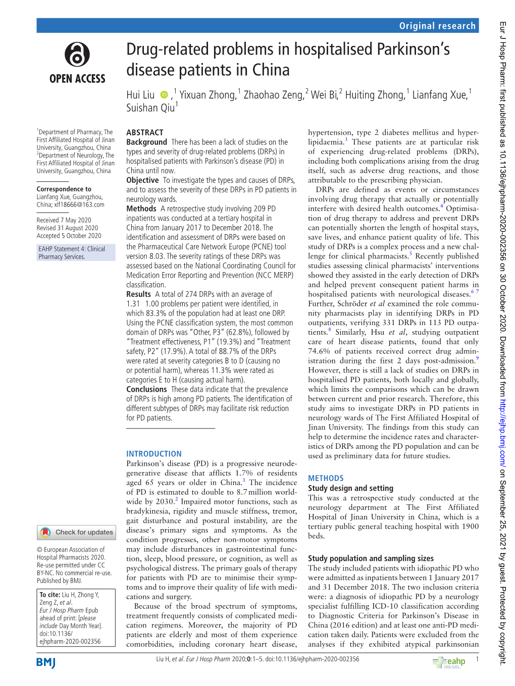 Drug-Related Problems in Hospitalised Parkinson's Disease Patients in China