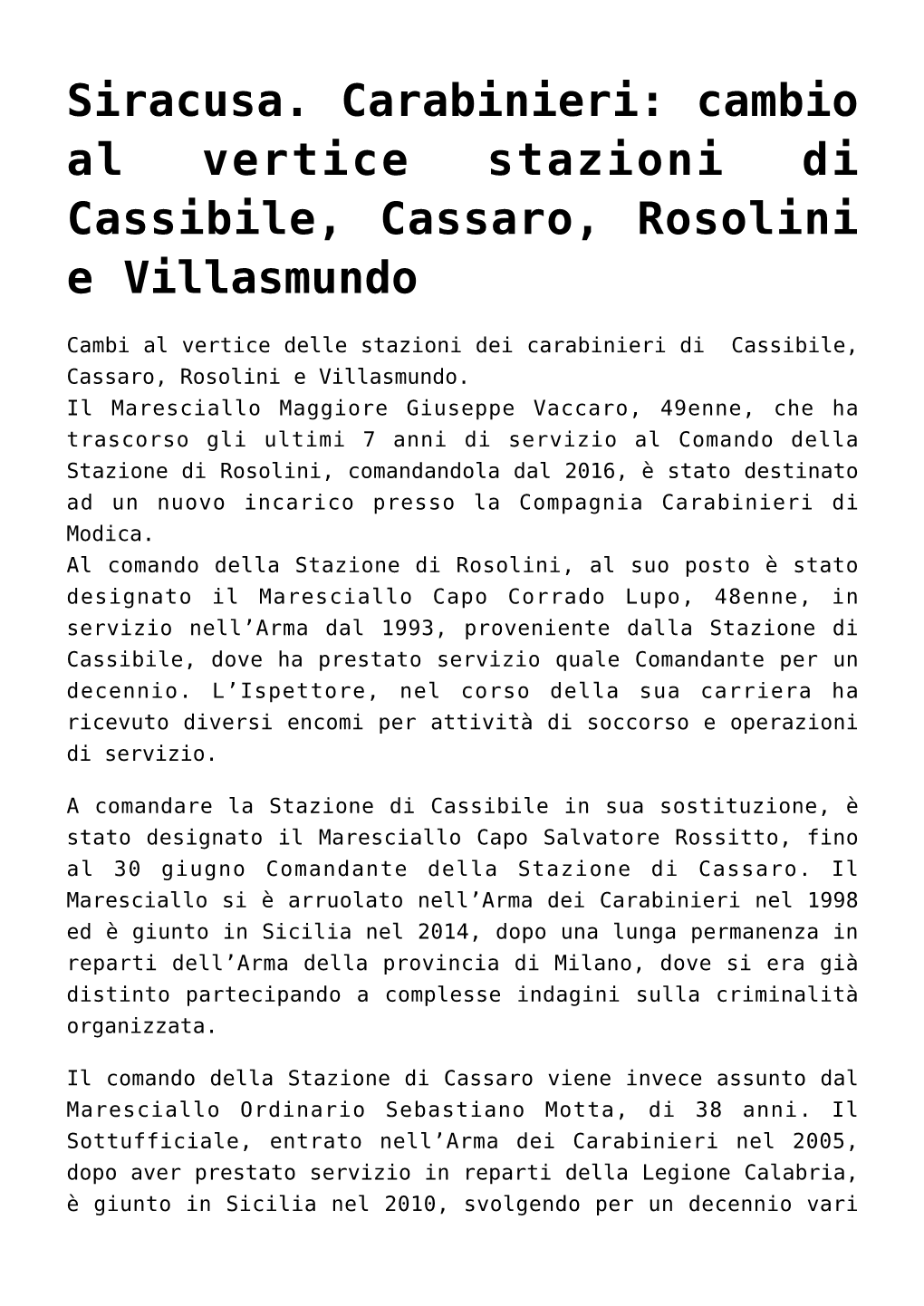 Siracusa. Carabinieri: Cambio Al Vertice Stazioni Di Cassibile, Cassaro, Rosolini E Villasmundo