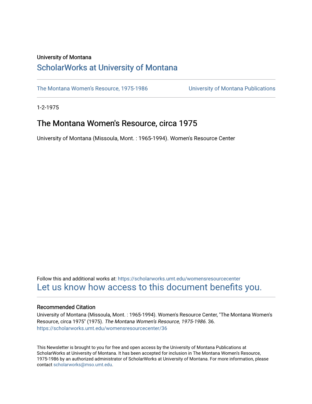The Montana Women's Resource, Circa 1975
