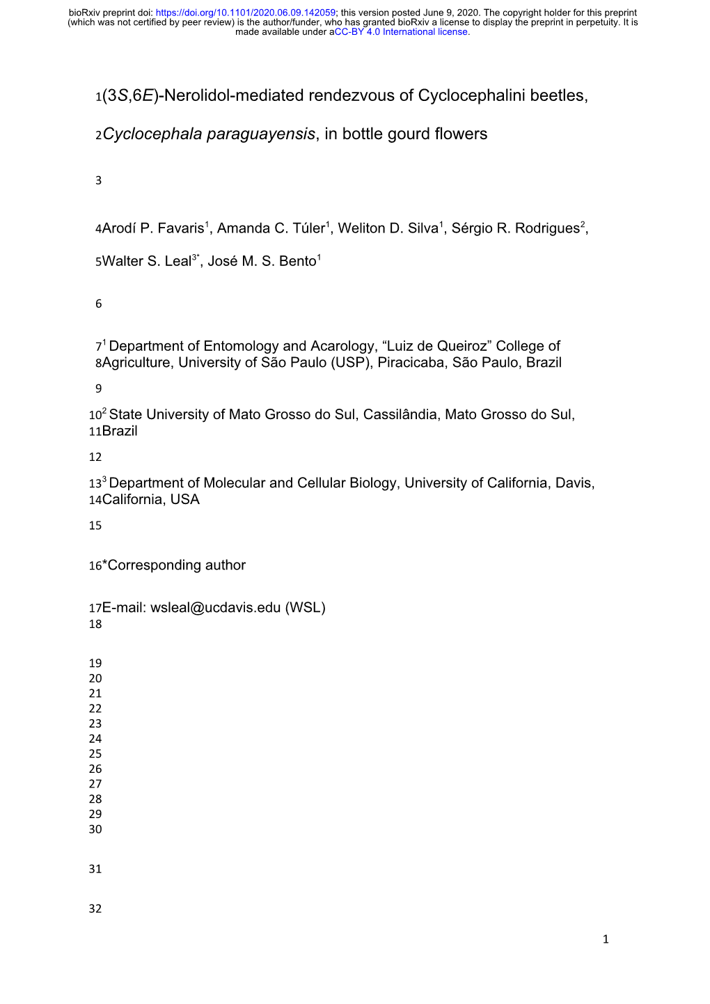 Nerolidol-Mediated Rendezvous of Cyclocephalini Beetles