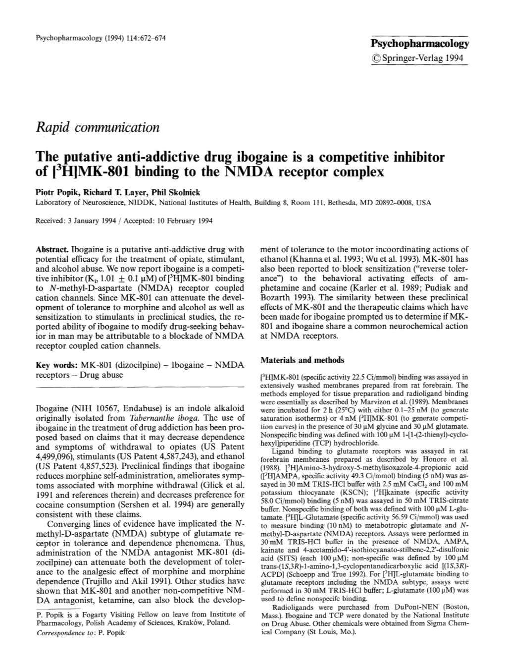 The Putative Anti-Addictive Drug Ibogaine Is a Competitive Inhibitor of [3H]MK-801 Binding to the NMDA Receptor Complex