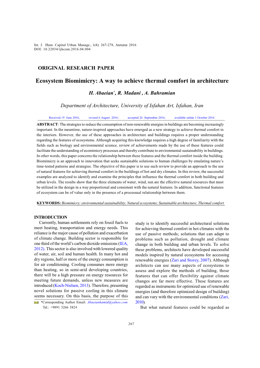 Ecosystem Biomimicry: a Way to Achieve Thermal Comfort in Architecture