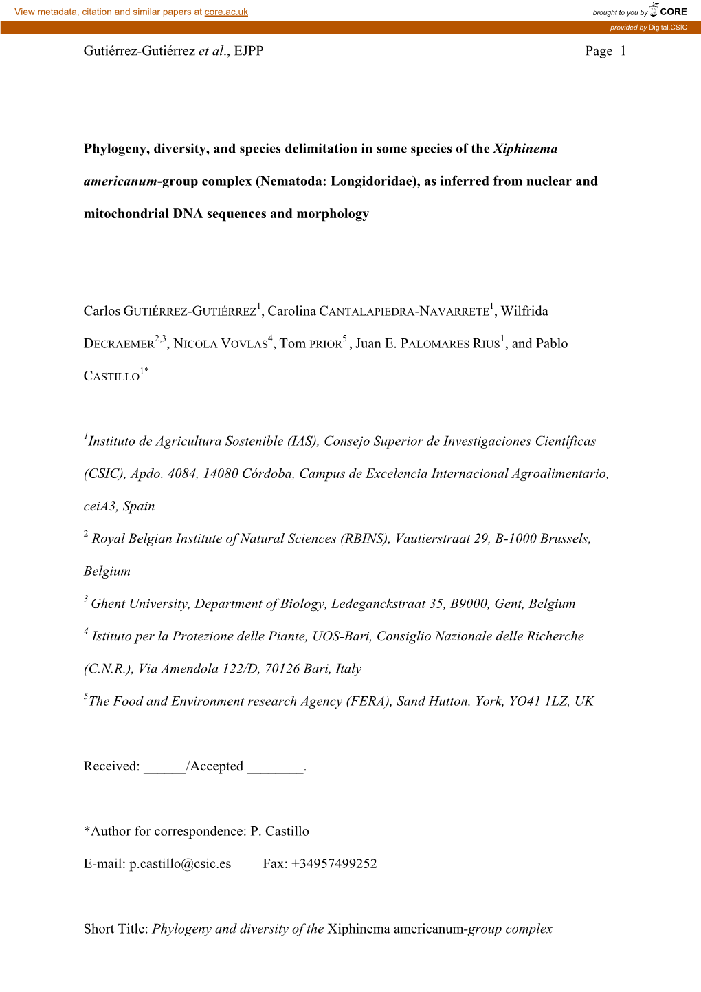 Gutiérrez-Gutiérrez Et Al., EJPP Page 1 Phylogeny, Diversity, and Species Delimitation in Some Species of the Xiphinema A