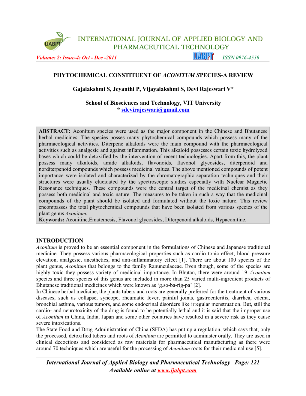 PHYTOCHEMICAL CONSTITUENT of ACONITUM SPECIES-A REVIEW Gajalakshmi S, Jeyanthi P, Vijayalakshmi S, Devi Rajeswari V* School of B