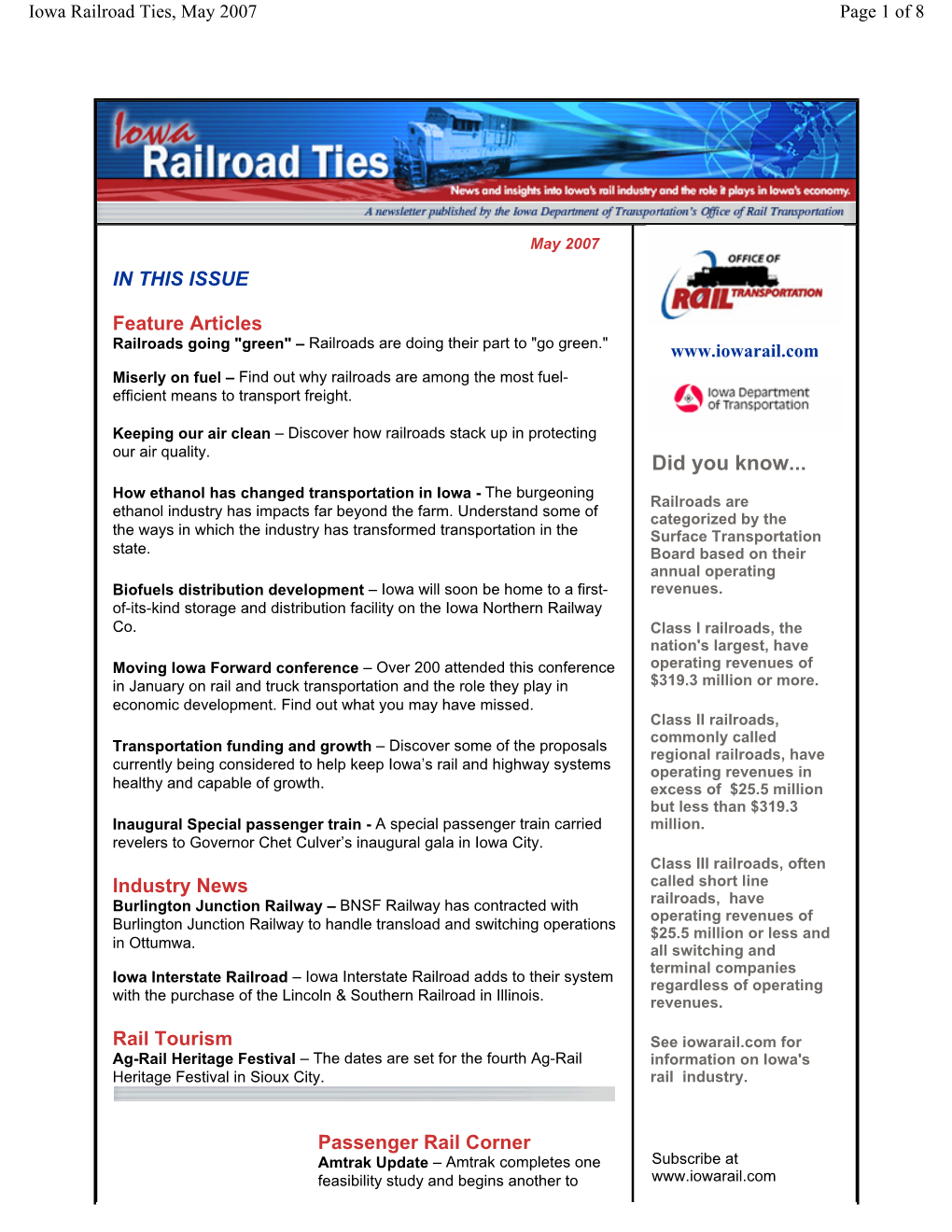 Did You Know... How Ethanol Has Changed Transportation in Iowa - the Burgeoning Railroads Are Ethanol Industry Has Impacts Far Beyond the Farm