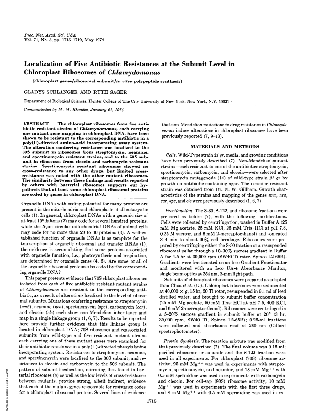 Localization of Five Antibiotic Resistances at the Subunit Level In