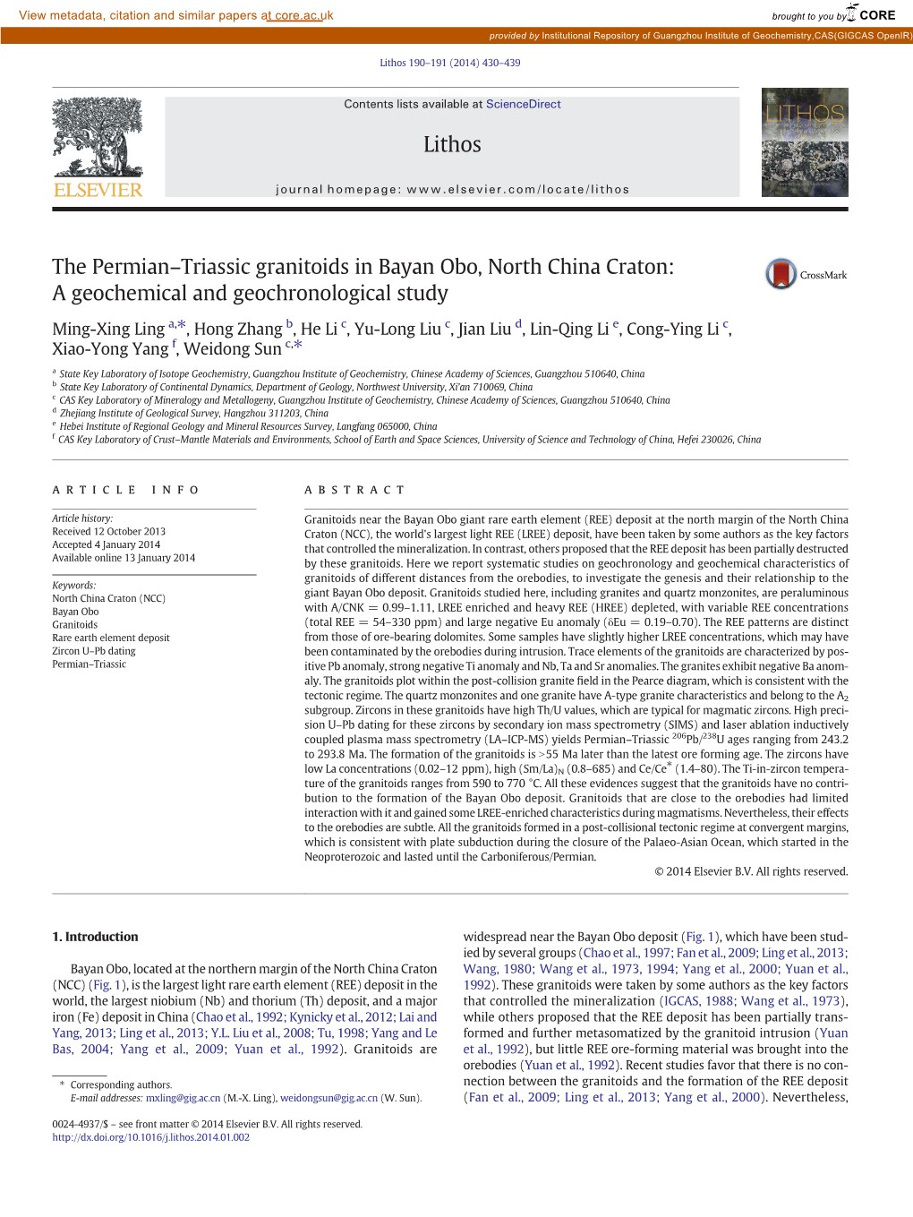 The Permian–Triassic Granitoids in Bayan Obo, North China Craton: a Geochemical and Geochronological Study