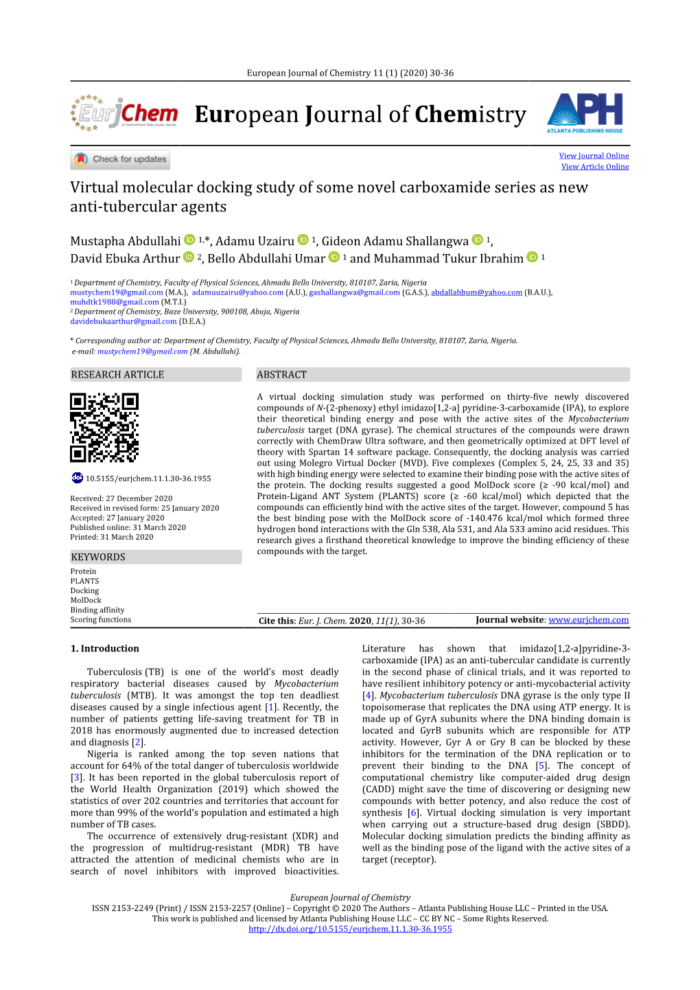 Virtual Molecular Docking Study of Some Novel Carboxamide Series As New Anti-Tubercular Agents