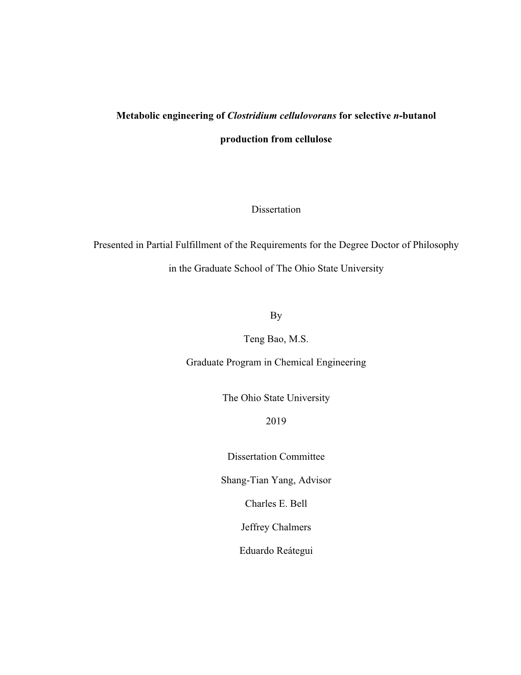 1 Metabolic Engineering of Clostridium Cellulovorans For