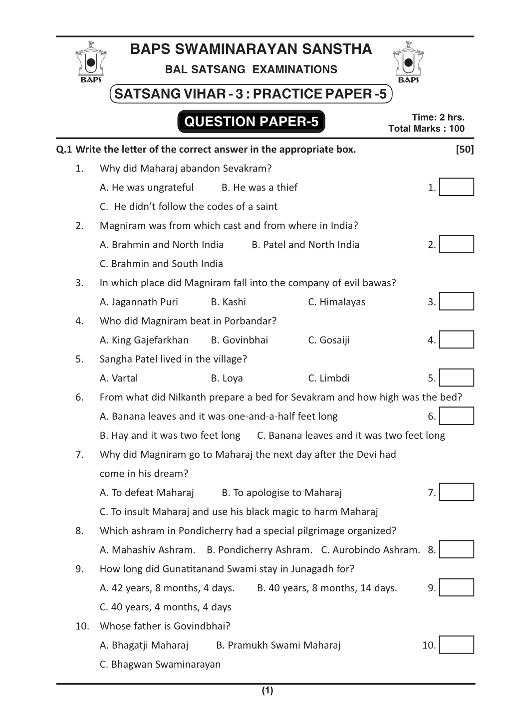 Baps Swaminarayan Sanstha Bal Satsang Examinations Satsangsatsang Viharvihar -- 23 : Practicepractice Paperpaper - -5 5