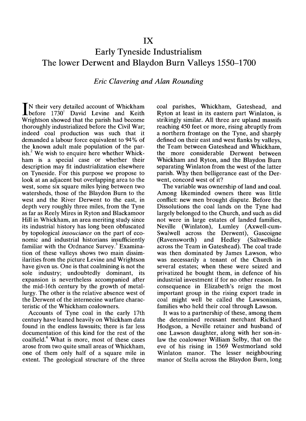 Early Tyneside Industrialism the Lower Derwent and Blaydon Burn Valleys 1550-1700