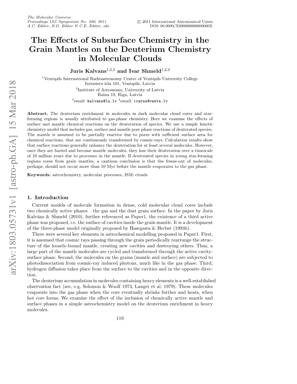 Arxiv:1803.05731V1 [Astro-Ph.GA] 15 Mar 2018 Ufc Hssi Ipeatohmsr Oe Ntedueime Ac Deuterium Chemically the on of Model Inclusion Astrochemistry the Simple of Molecules