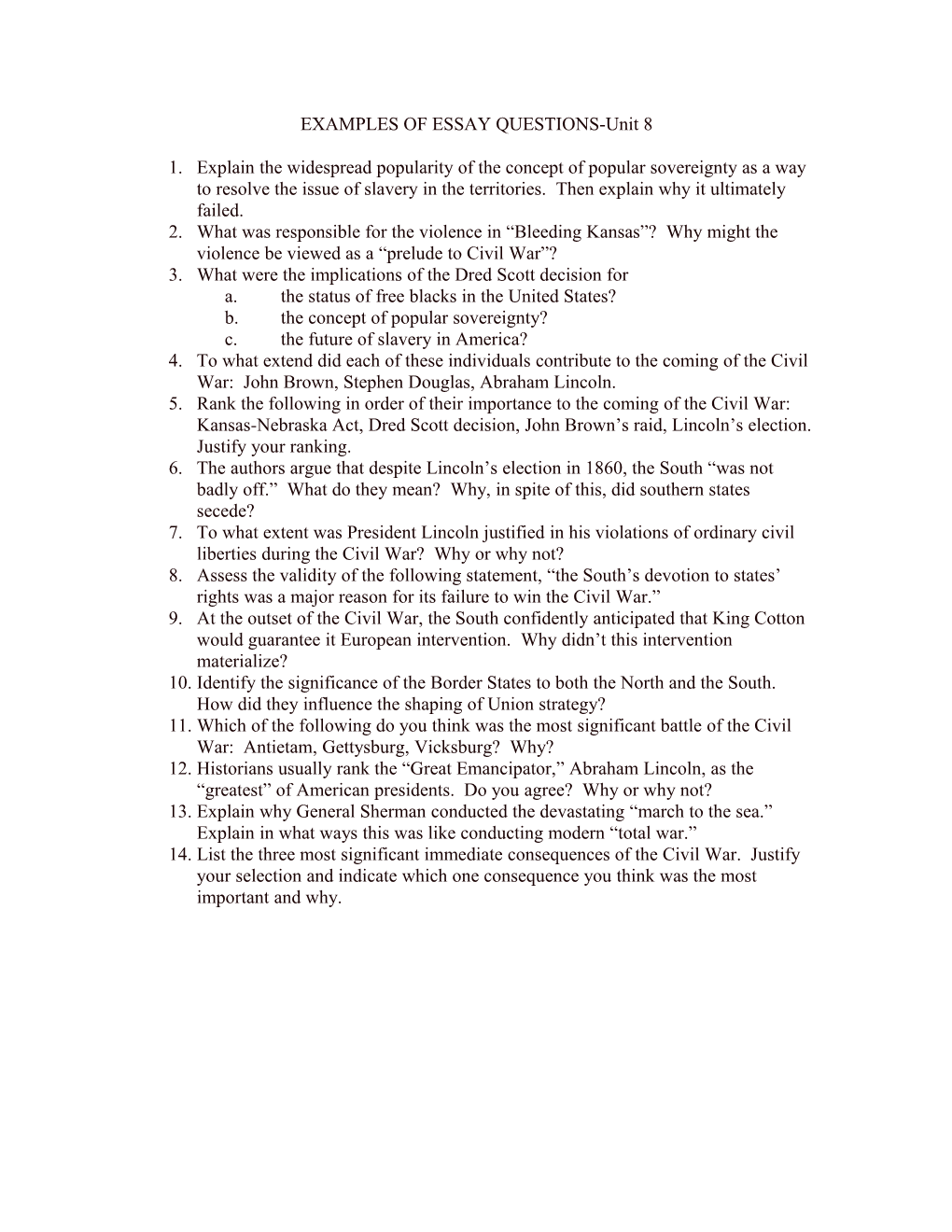 EXAMPLES of ESSAY QUESTIONS-Unit 2