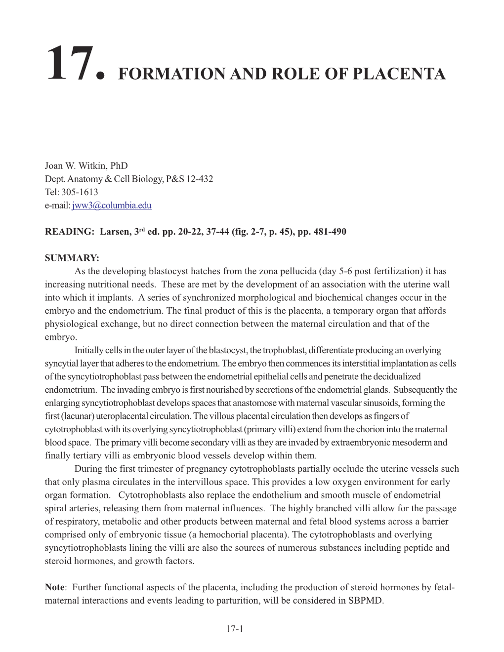 17. Formation and Role of Placenta