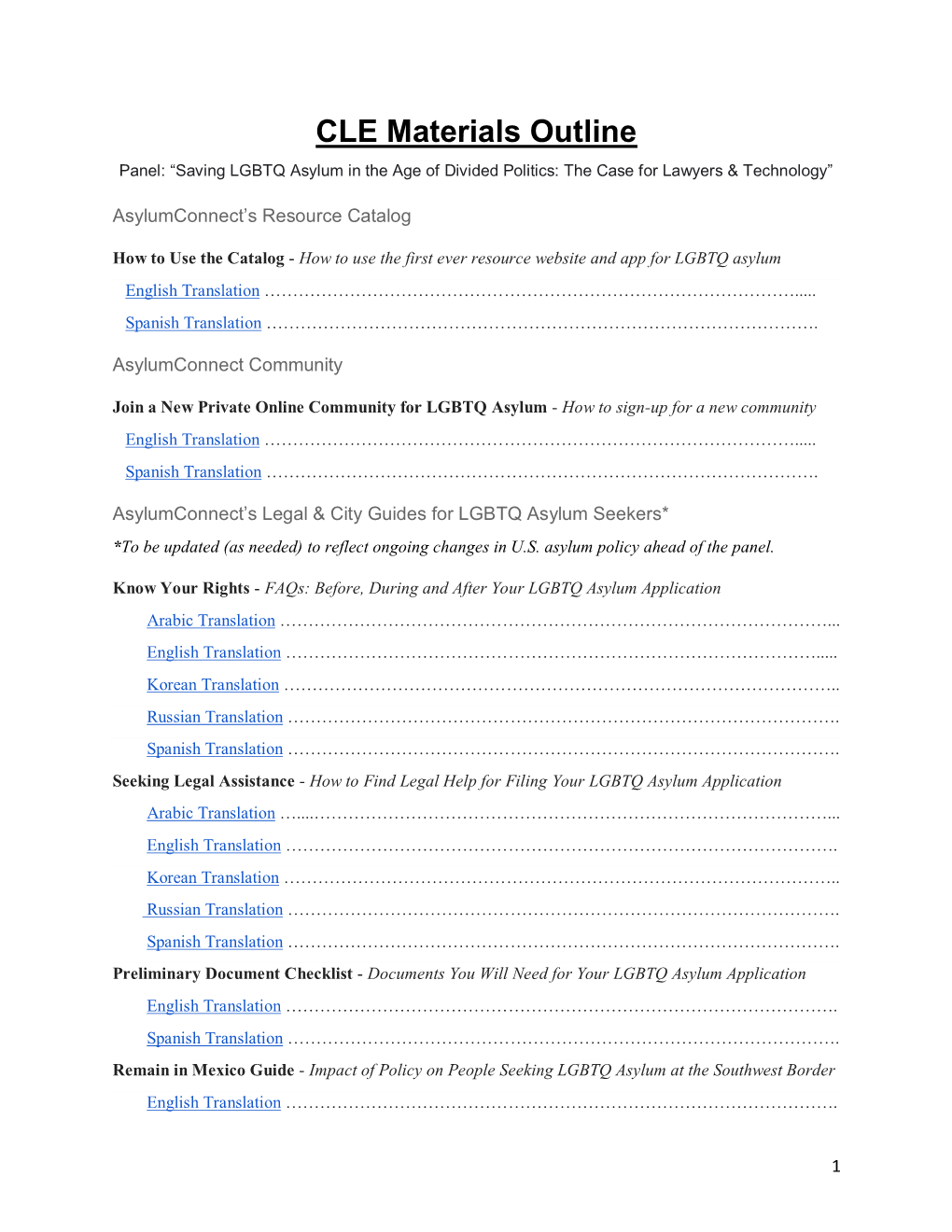 CLE Materials Outline Panel: “Saving LGBTQ Asylum in the Age of Divided Politics: the Case for Lawyers & Technology”