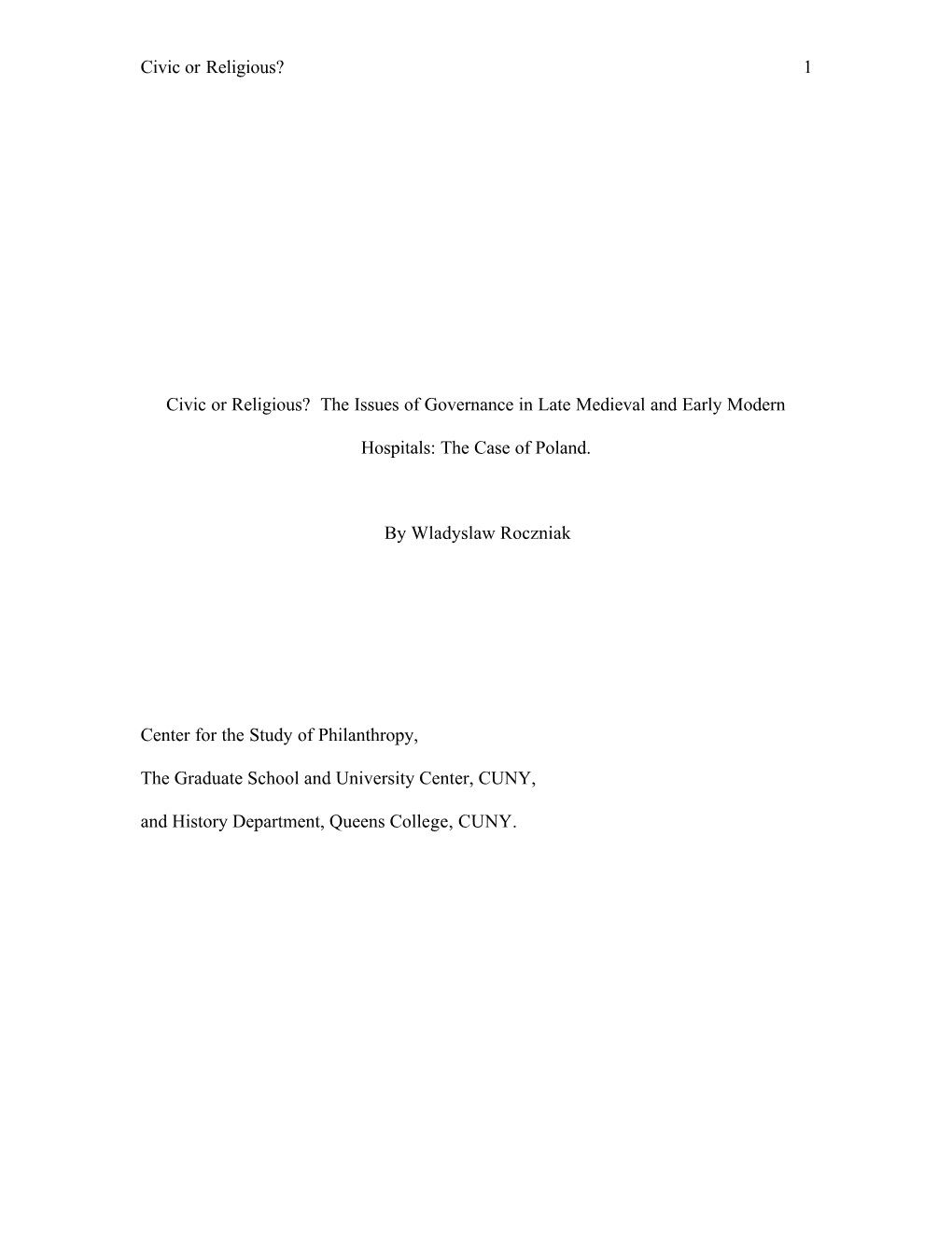 Civic Or Religious? the Issues of Governance in Late Medieval and Early Modern