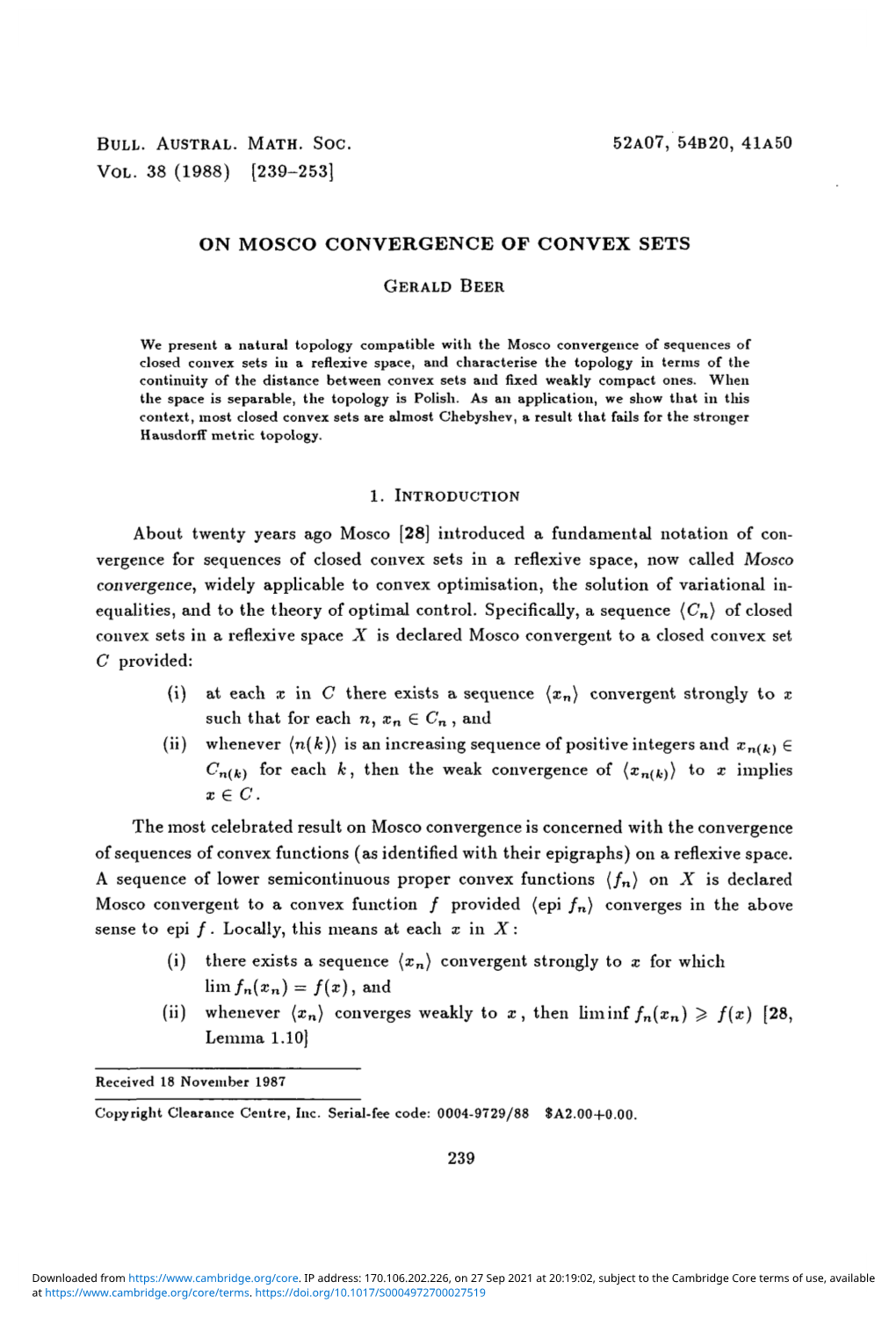 On Mosco Convergence of Convex Sets