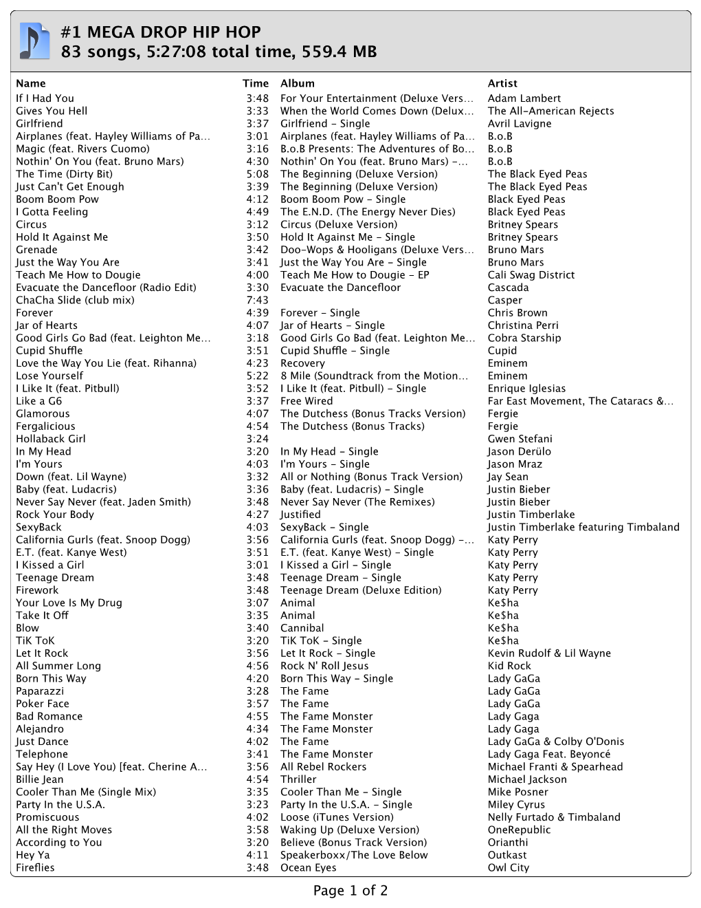 1 MEGA DROP HIP HOP 83 Songs, 5:27:08 Total Time, 559.4 MB