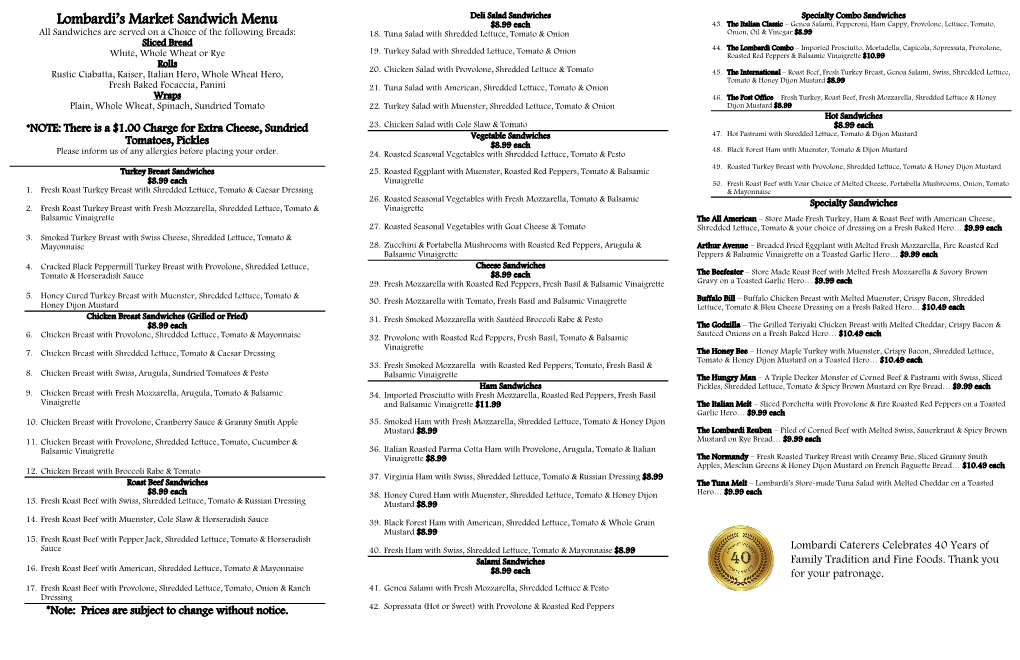 Lombardi's Market Sandwich Menu