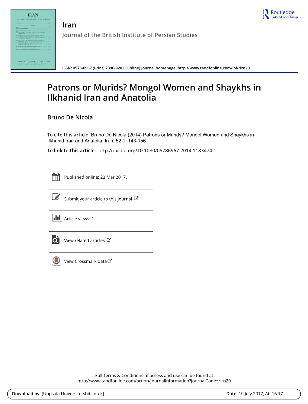 Patrons Or Murīds? Mongol Women and Shaykhs in Ilkhanid Iran and Anatolia