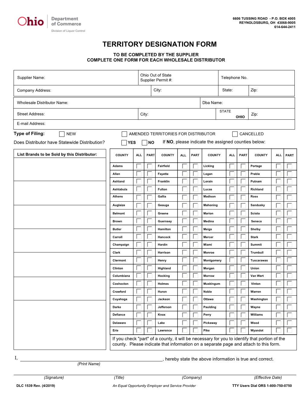 Territory Designation Form to Be Completed by the Supplier Complete One Form for Each Wholesale Distributor