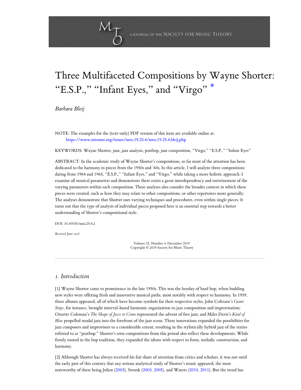 Three Multifaceted Compositions by Wayne Shorter: “E.S.P.,” “Infant Eyes,” and “Virgo” *