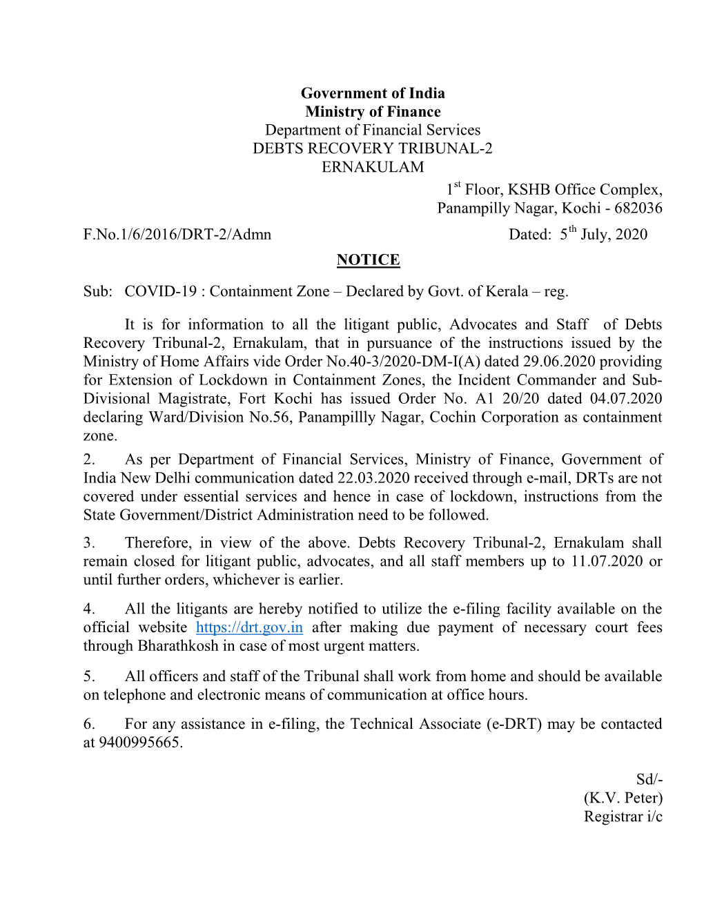 Government of India Ministry of Finance Department of Financial Services DEBTS RECOVERY TRIBUNAL-2 ERNAKULAM