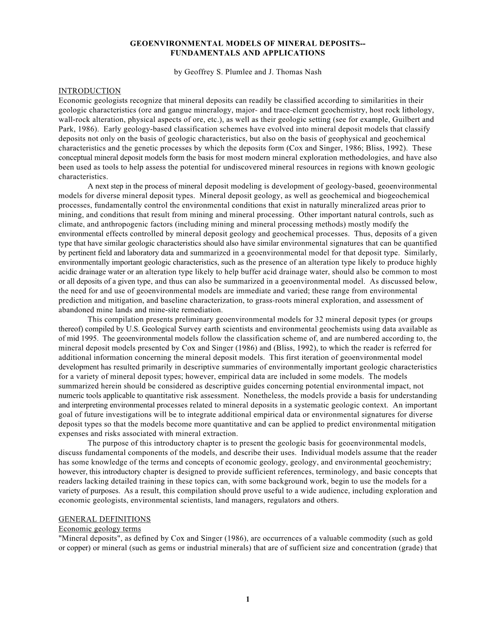 Geoenvironmental Models of Mineral Deposits-- Fundamentals and Applications