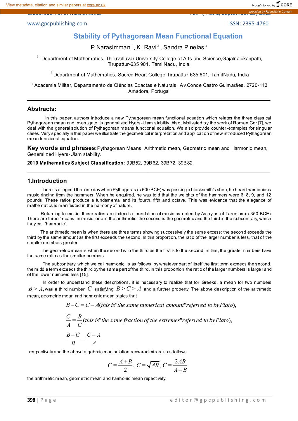 Stability of Pythagorean Mean Functional Equation P.Narasimman 1 , K